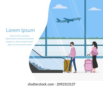 Vector illustration Airport People with suitcases Escalator Vacation Tourist Travel lifestyle Business trip Plane Moving staircase Summer time Holiday. Concept for travel agency, booking service