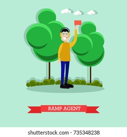 Vector illustration of airport ramp agent with arm raised holding flag. Airline staff flat style design element.