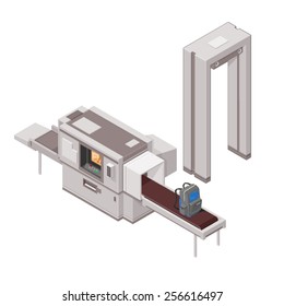 A vector illustration of airport security with luggage and X-Ray machine. Isometric airport security. Luggage being scanned through X-Ray machine.