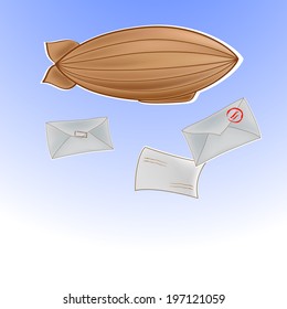 Vector illustration with airship in sky and letters, airmail, background with space for text
