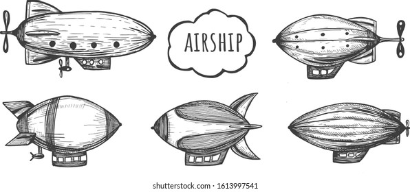 Vector illustration of airships filled with steam set. Different shapes and types. Cartoon style old steampunk technology. Vintage hand drawn style.