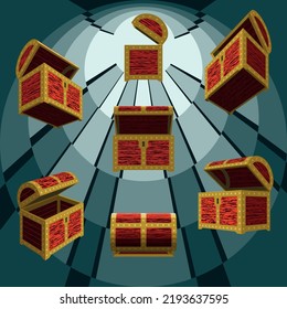 Vector illustration of an ajar empty chests in different angles. Illustrations of ajar empty chests in vector.
Chest vector graphic on background, chests vector.