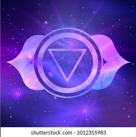 Vector illustration of Ajna chakra on outer space ultraviolet background.