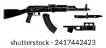 Vector illustration of AK assault rifle with additional equipment such as a magazine, bayonet and grenade launcher. Black. Right side.