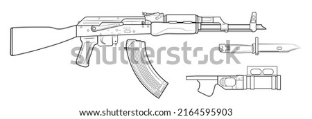 Vector illustration of AK assault rifle with additional equipment such as a magazine, bayonet and grenade launcher 