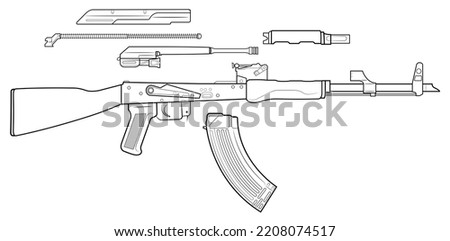 Vector illustration of AK assault rifle disassembled for cleaning on the white background