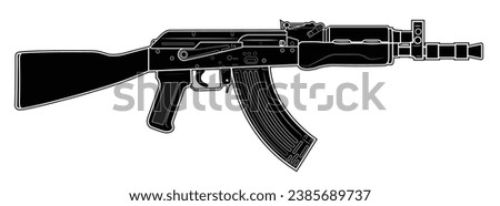 Vector illustration of AK assault rifle with short barrel on the white background. Black, Right side.