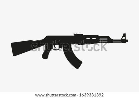 A vector illustration AK47 machine gun on white background. Black icon of a weapon. A black simple vector silhouette of kalashnikov.