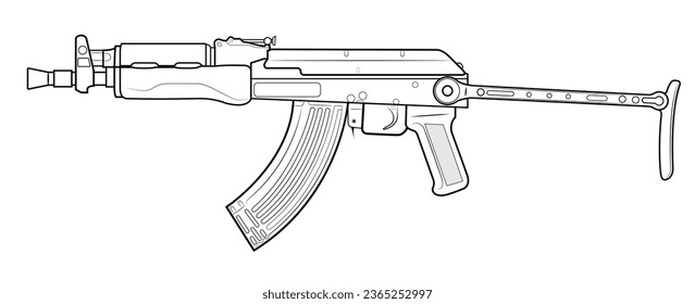 Ilustración vectorial del rifle de asalto soviético AK47 con barril corto y material extendido. Lado izquierdo.