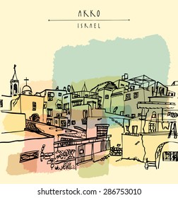 Vector illustration of Akko Israel skyline. Grungy black ink brush outline drawing. Postcard greeting card design template. Freehand travel sketch background with a space for text. Hand lettered title