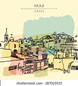 Vector illustration of Akko Israel skyline. Grungy black ink brush outline drawing. Postcard greeting card design template. Freehand travel sketch background with a space for text. Hand lettered title