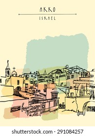 Vector illustration of Akko Israel skyline. Grungy black ink brush outline drawing. Postcard greeting card design template. Freehand travel sketch background with a space for text. Hand lettered title