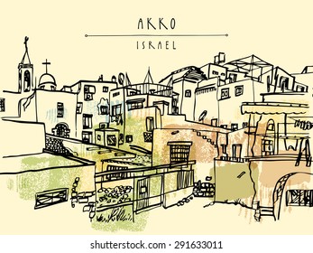 Vector illustration of Akko Israel skyline. Grungy black ink brush outline drawing. Postcard greeting card design template. Freehand travel sketch background with a space for text. Hand lettered title