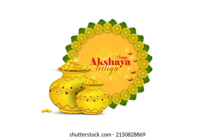 Vector illustration of Akshaya Tritiya celebration with a golden kalash, gold coins on decorated background.