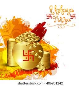Vector illustration of Akshaya Tritiya celebration with a golden kalash,and gold coins on decorated background.