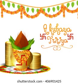 Vector illustration of Akshaya Tritiya celebration with a golden kalash,and gold coins on decorated background.
