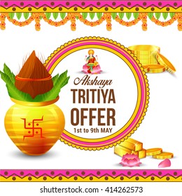 Vector illustration of Akshaya Tritiya celebration with a golden kalash,gold bar and gold coins on decorated background.