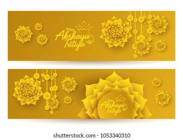 Vector Illustration of Akshaya Tritiya Festival Banner Design Set with Creative Round Flowers Element