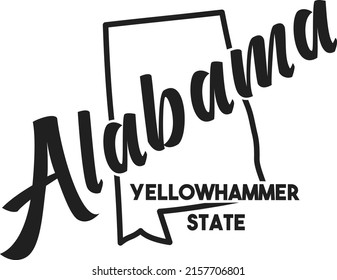 Vector illustration of Alabama. Nickname Yellowhammer State. United States of America outline silhouette. Hand-drawn map of USA territory. Poster for print, decor, souvenir