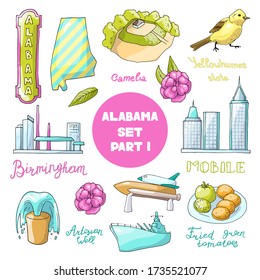 Vector illustration of Alabama's sighs ans sights: countryside of Birmingham and Mobile, yellowhammer bird, ship, rockets, artesian well, magnolia and food