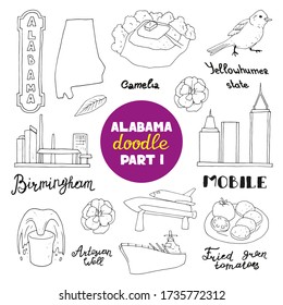 Vector illustration of Alabama's sighs ans sights: countryside of Birmingham and Mobile, yellowhammer bird, ship, rockets, artesian well, magnolia and food