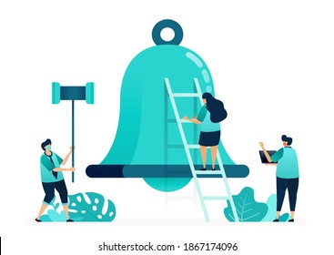 vector illustration of alarm bells for notifications and apps. holding a hammer to hit the bells. group of women and men workers. designed for website, web, landing page, apps, ui ux, poster, flyer