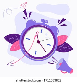 Ilustración vectorial, reloj despertador con flechas, concepto de gestión del tiempo de trabajo, respuesta rápida a Wake up, transferencia de tiempo de vuelta en un fondo blanco