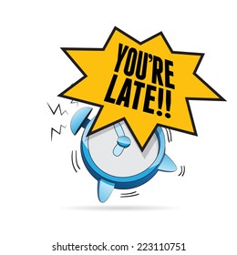 Vector illustration of alarm clock blaring with late exclamation.