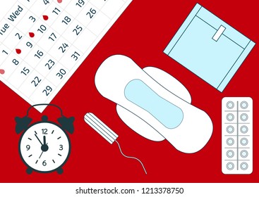 Vector illustration of alarm clock and a blood period calendar. Menstruation period pain protection, sanitary pads. Feminine hygiene products. Tampon, pills and menstrual pad. Woman monthlies