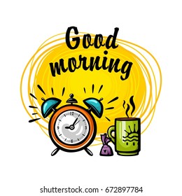 Vector illustration of alarm clock with coffee or tea and candy on white background. Breakfast. Calligraphic inscription good morning 1.1