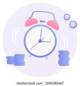 Ilustración vectorial de un reloj despertador y monedas.