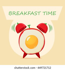 Vector illustration alarm clock fried eggs and. Fried egg in cartoon style.