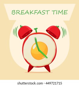 Vector illustration alarm clock fried eggs and. Fried egg in cartoon style.