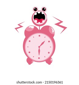 Vector illustration of alarm clock graphics. Cartoon character alarm clock with eyes and mouth wakes up sleeping person. Great for web logos as well as vector animation for kids.