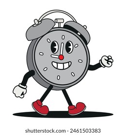 vector illustration of an alarm clock in groovy style, Retro character. vector 1930's style vintage cartoon mascot.