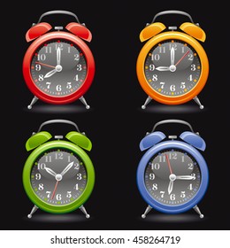 Vector illustration of alarm clock icon set in red, yellow, green, blue colors on black background, abstract vintage design template. Different time on dial.
