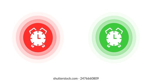 Vector illustration of alarm clock icons in red and green circles, representing time management and reminders. Ideal for scheduling, alerts, and productivity concepts.