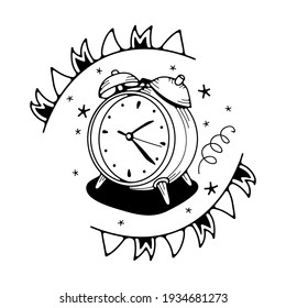 Vector illustration with an alarm clock. Isolated on a white background. Cute doodle illustrations.