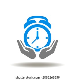 Vektorgrafik des Weckers mit Handflächen. Icon der Sparzeit. Symbol agiler Entwicklung.