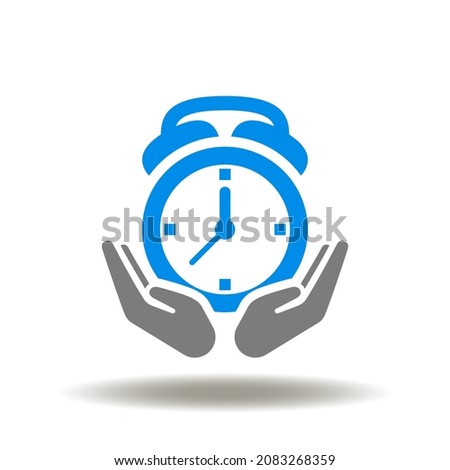 Vector illustration of alarm clock with palm hands. Icon of savings time. Symbol of agile development.