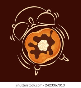 Vector illustration of an alarm clock with a pancake on a brown background. Pancake time. Get up. Breakfast time. Postcard, banner, image for printing.