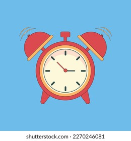 Ilustración vectorial de un reloj despertador con estilo retro en un fondo azul.