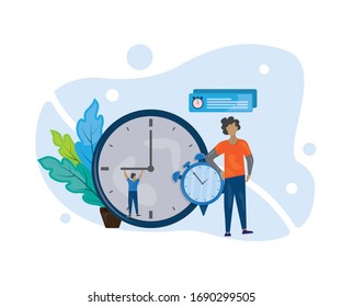 Vector illustration, the alarm clock is ringing on a white background, the concept of working time management, quick response to awakening, transfer of time back