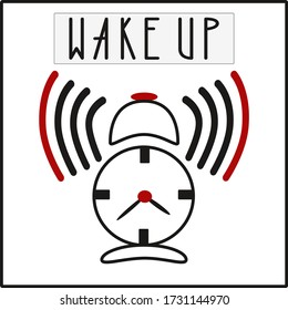 El reloj despertador de la ilustración del vector está sonando y marcando Wake Up. Se puede usar para el diseño de moda, imagen para el diseño interior Imprimir en papel, tela, cerámica.