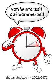 vector illustration of a alarm clock switch to summer time  daylight saving time begins (german text)