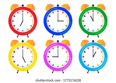 Vector illustration of an alarm clock. Time icon. Timer with a bell. Classic multi-colored watch. Vector image.