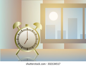 Vector illustration. Alarm near window at dawn.