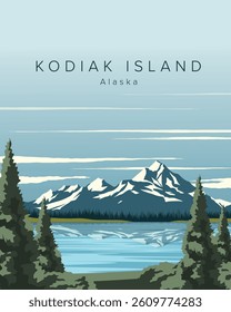 Vector illustration. Alaska. Kodiak Island. Travel poster, banner, postcard, banner. cover. Modern design.