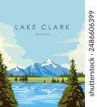 Vector illustration. Alaska, Lake Clark. Wall poster, banner, postcard, cover. Modern design. Nature, tourism.