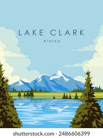 Vector illustration. Alaska, Lake Clark. Wall poster, banner, postcard, cover. Modern design. Nature, tourism.